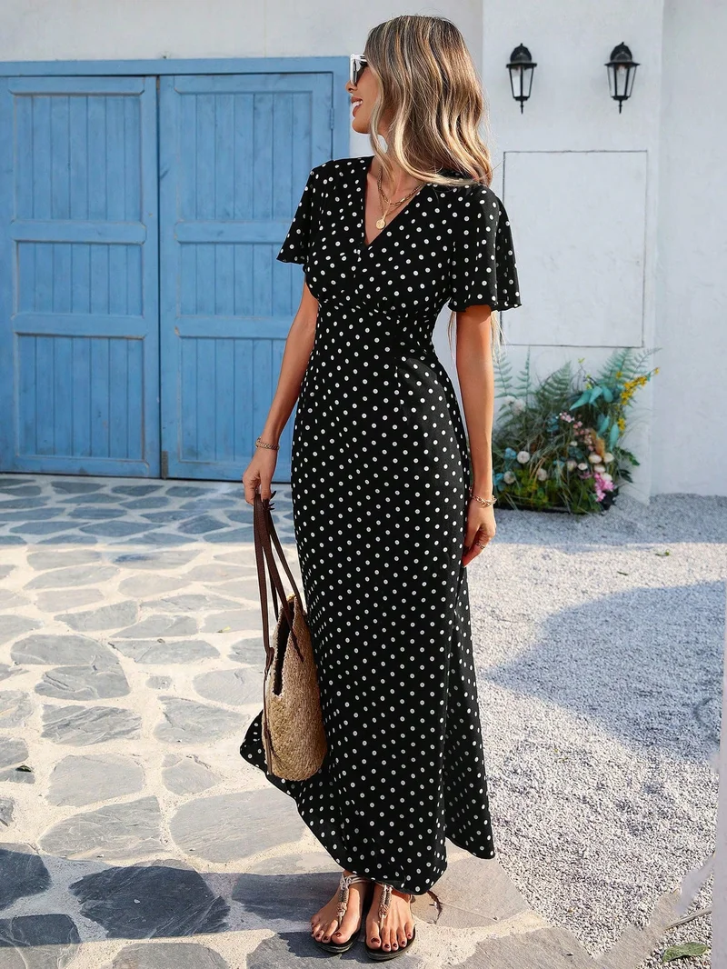 OUTZIDR  Black V Neck Flutter Sleeves Maxi for Women | Best Price UAE